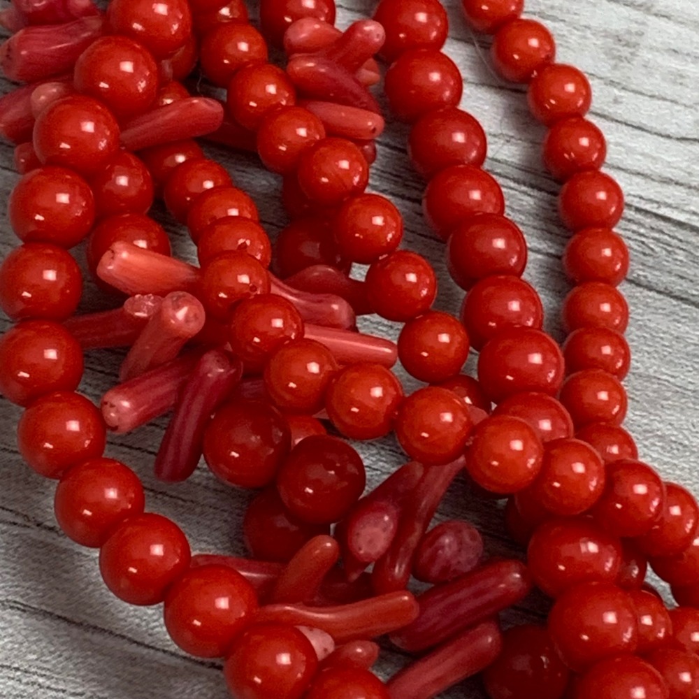 Red Multi Strand Statement Necklace Faux Coral Branch Bead Gold Tone 16in 4130 - Picture 5 of 6